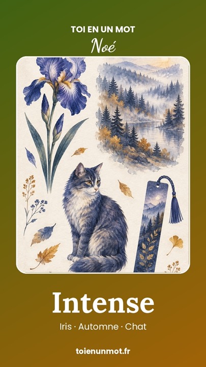 La carte story de Noé : un iris, un chat et une forêt dans la brume, et le mot Intense